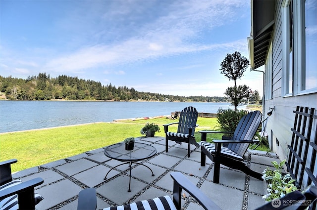 view of patio featuring a water view