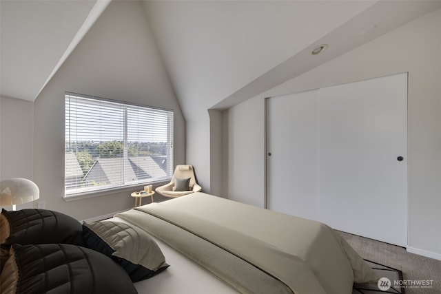 bedroom featuring high vaulted ceiling and a closet