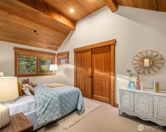 carpeted bedroom featuring lofted ceiling with beams, recessed lighting, and wooden ceiling