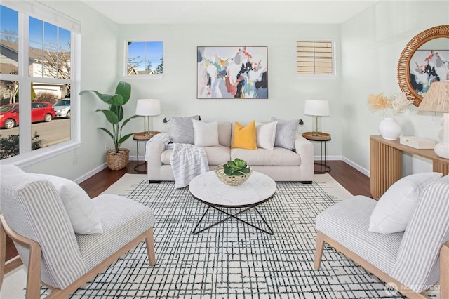 living room with baseboards and wood finished floors