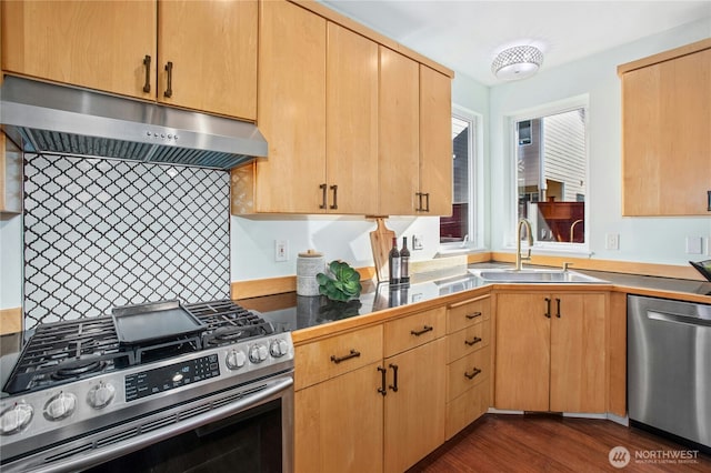 kitchen featuring light brown cabinets, under cabinet range hood, stainless steel appliances, a sink, and dark wood finished floors