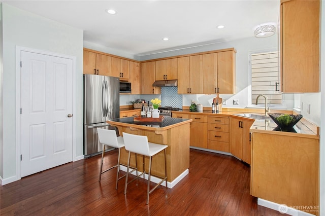 kitchen featuring dark wood-style flooring, stainless steel appliances, light brown cabinets, a sink, and under cabinet range hood