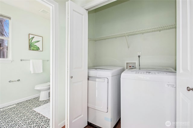 laundry room with laundry area, baseboards, visible vents, and independent washer and dryer