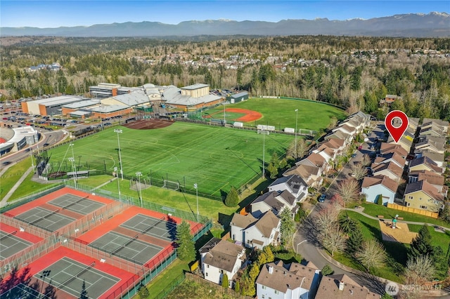 birds eye view of property featuring a mountain view