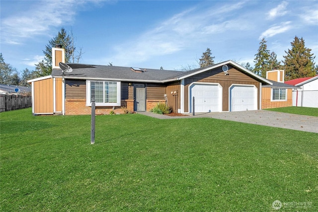 ranch-style home featuring driveway, a garage, a chimney, a front yard, and brick siding