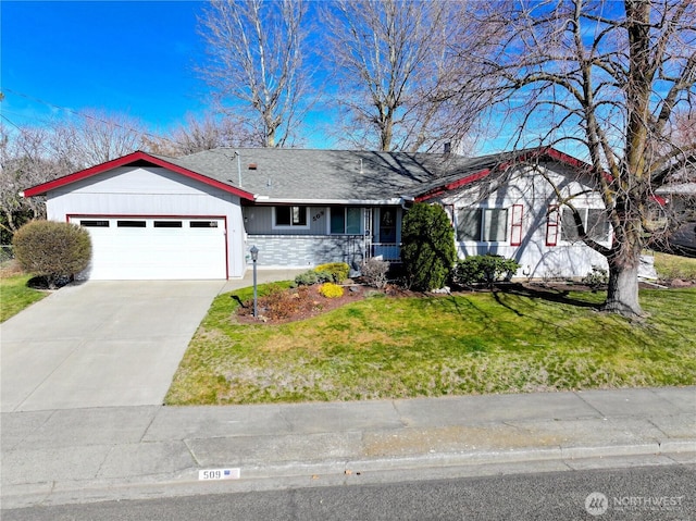 ranch-style house with a front yard, an attached garage, concrete driveway, and roof with shingles