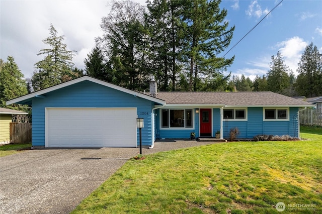 ranch-style house featuring a front lawn, fence, a chimney, and an attached garage