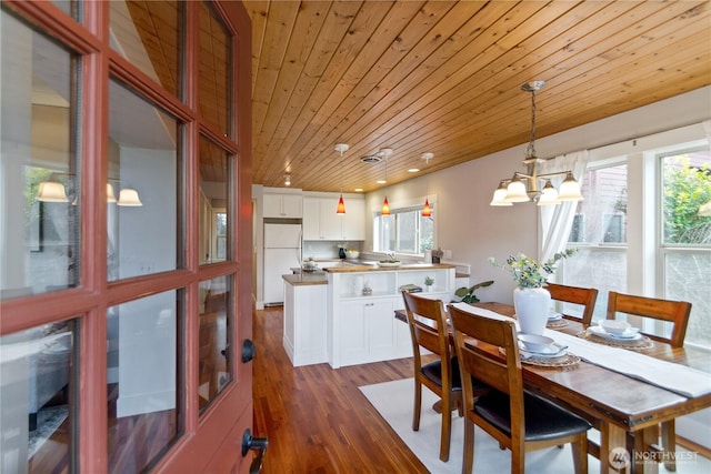 dining room featuring an inviting chandelier, dark wood-type flooring, recessed lighting, and wood ceiling