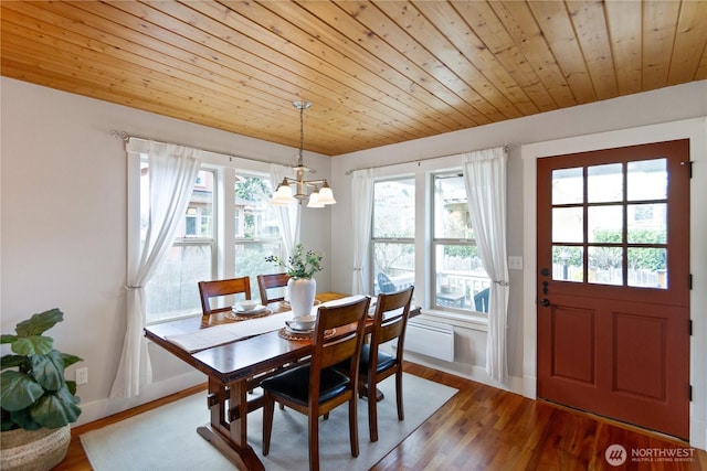 dining area featuring a chandelier, a healthy amount of sunlight, wooden ceiling, and wood finished floors