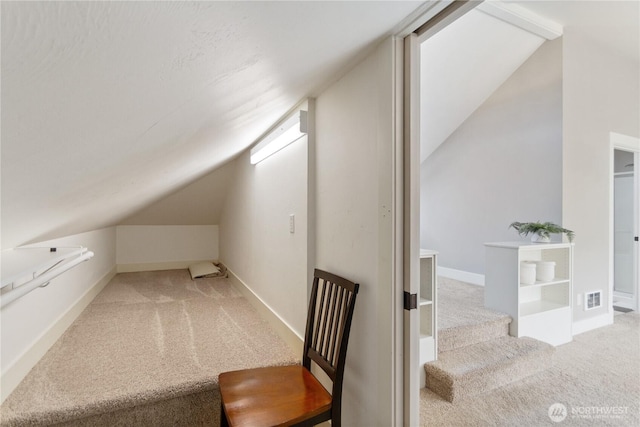 additional living space featuring visible vents, baseboards, carpet, and vaulted ceiling