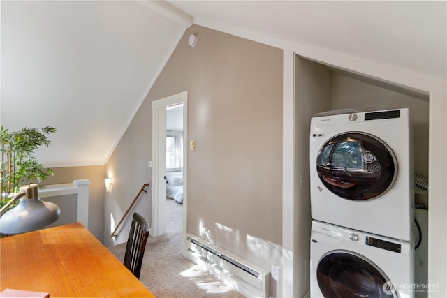 clothes washing area featuring carpet flooring, stacked washing maching and dryer, laundry area, and a baseboard radiator