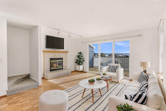 living area featuring a fireplace, baseboards, rail lighting, and light wood-style floors