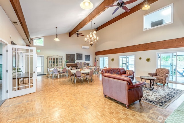 living area with beam ceiling, high vaulted ceiling, a wall mounted AC, and a wealth of natural light