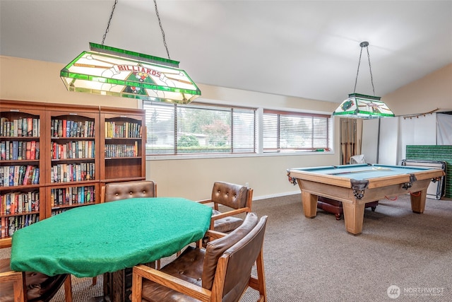 playroom featuring carpet flooring, billiards, and lofted ceiling