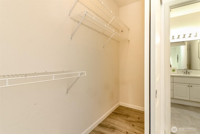 walk in closet with light wood-type flooring and a sink