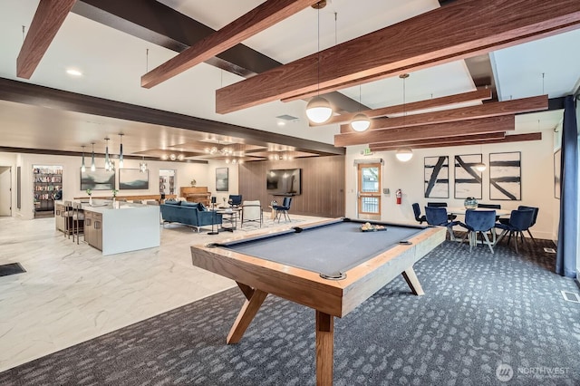 3222 S 183rd St, Seatac, WA 98188 - recreation room featuring marble finish floor, pool table, beamed ceiling, and visible vents