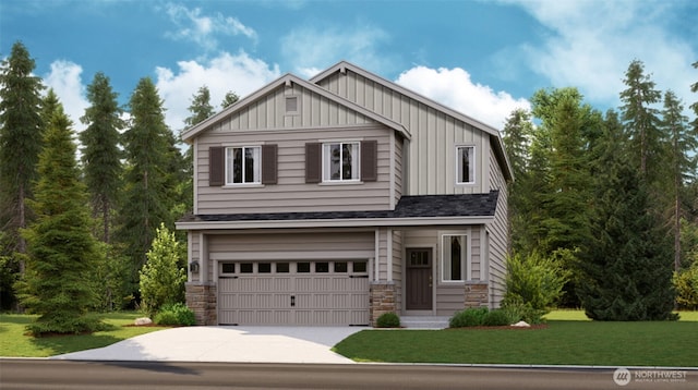 craftsman inspired home with board and batten siding, concrete driveway, a front lawn, and a garage