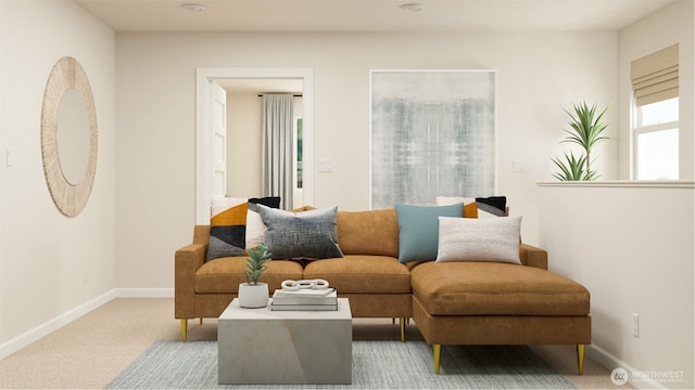 carpeted living room featuring baseboards