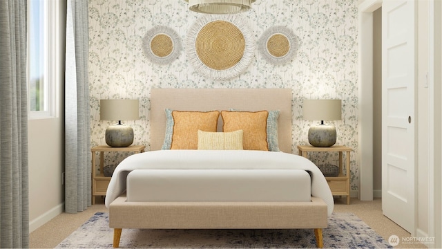 bedroom featuring baseboards, carpet floors, and wallpapered walls