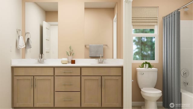 bathroom with double vanity, a sink, toilet, and shower / tub combo with curtain