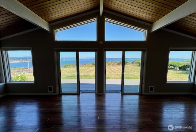 1412 Bonnie View Acres Rd, Oak Harbor, WA 98277 - spare room featuring a water view, dark wood-style floors, healthy amount of natural light, and wooden ceiling