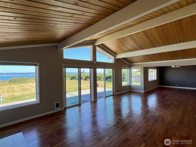 1412 Bonnie View Acres Rd, Oak Harbor, WA 98277 - unfurnished living room featuring baseboards, wood ceiling, and dark wood-type flooring