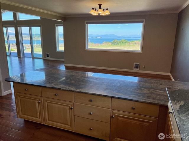 1412 Bonnie View Acres Rd, Oak Harbor, WA 98277 - kitchen with dark wood-style floors, a chandelier, open floor plan, baseboards, and ornamental molding