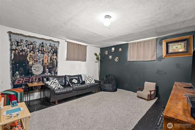 living area featuring a textured ceiling