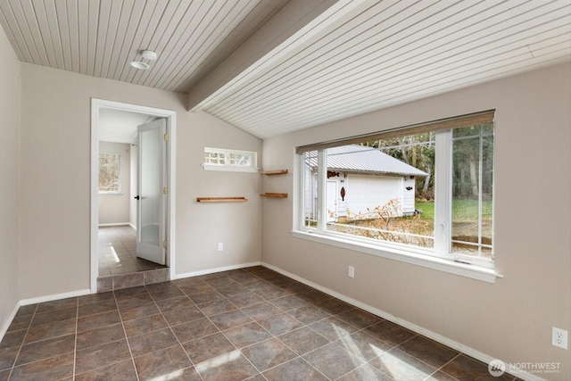 unfurnished room featuring lofted ceiling with beams and baseboards