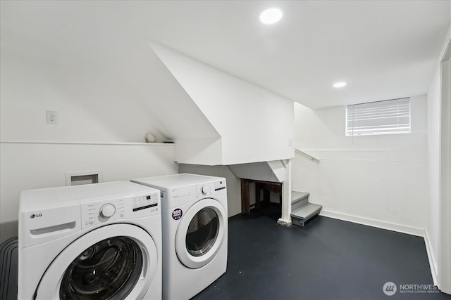 laundry area with laundry area, baseboards, separate washer and dryer, and recessed lighting