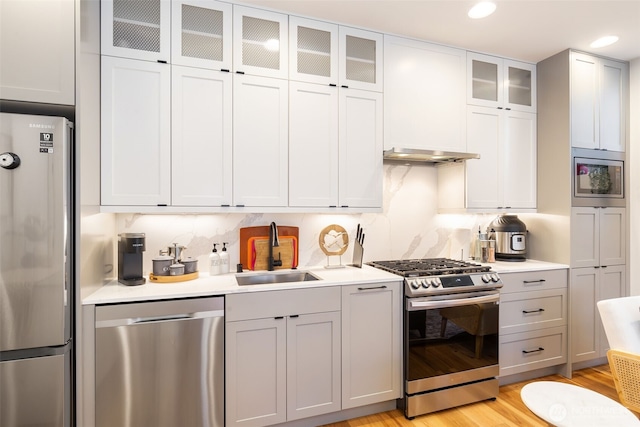 kitchen featuring light wood-type flooring, stainless steel appliances, a sink, and light countertops