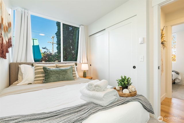 bedroom featuring multiple windows, a closet, and light wood-style flooring