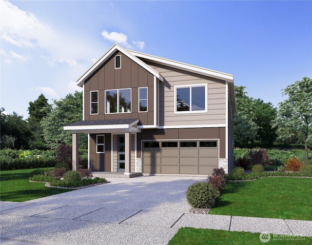 view of front of property with a garage, driveway, stone siding, board and batten siding, and a front yard