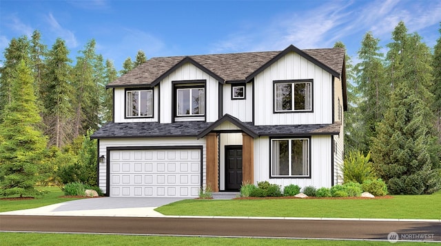 view of front of home featuring driveway, a shingled roof, an attached garage, a front lawn, and board and batten siding