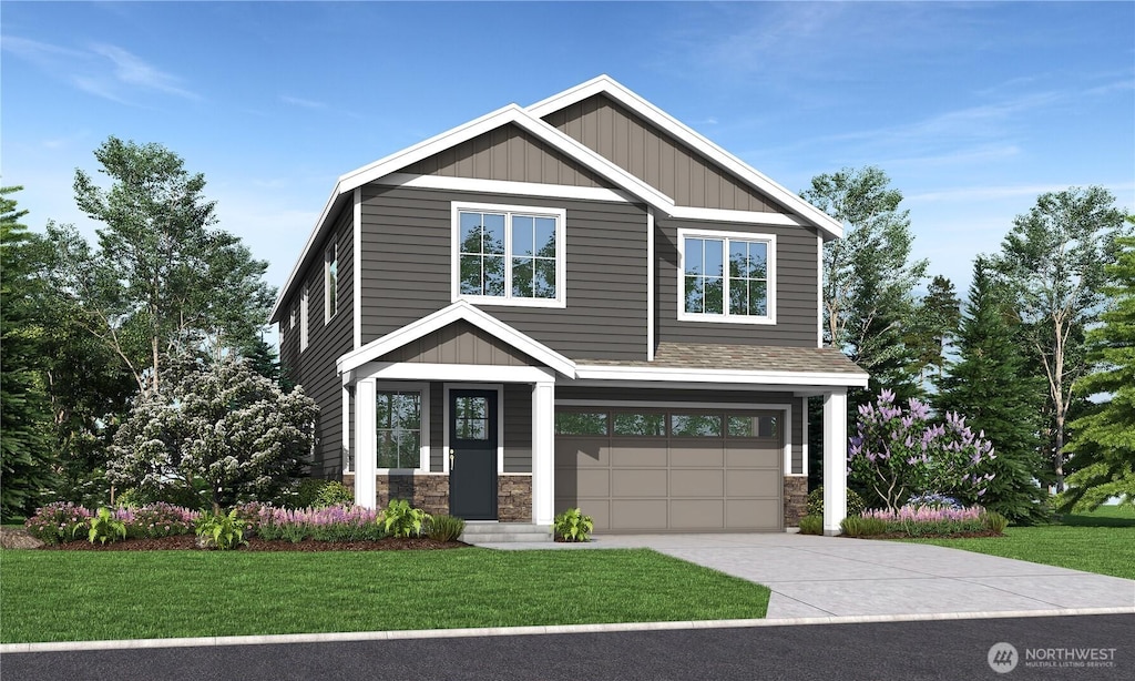 craftsman inspired home with an attached garage, driveway, stone siding, board and batten siding, and a front yard