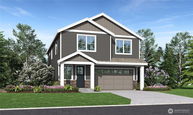 craftsman inspired home with an attached garage, driveway, stone siding, board and batten siding, and a front yard