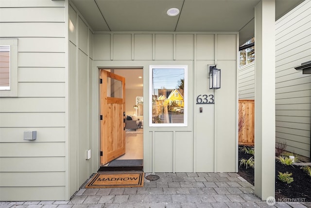 entrance to property with board and batten siding