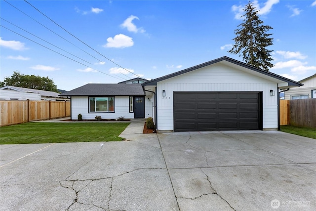 single story home featuring a garage, driveway, a front lawn, and fence