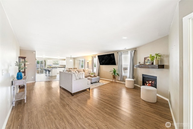 living area featuring a glass covered fireplace, baseboards, and wood finished floors