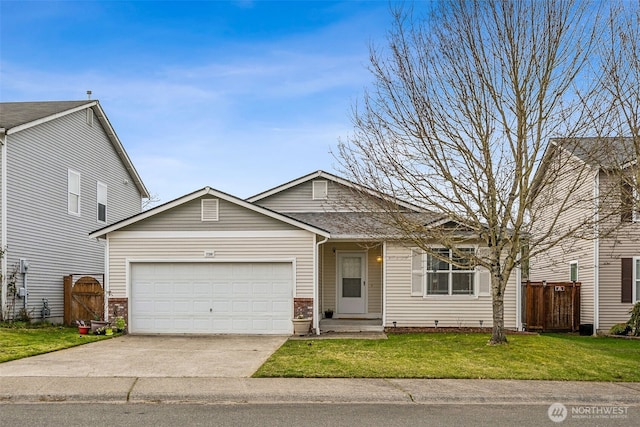 ranch-style home with fence, a front lawn, concrete driveway, a garage, and brick siding