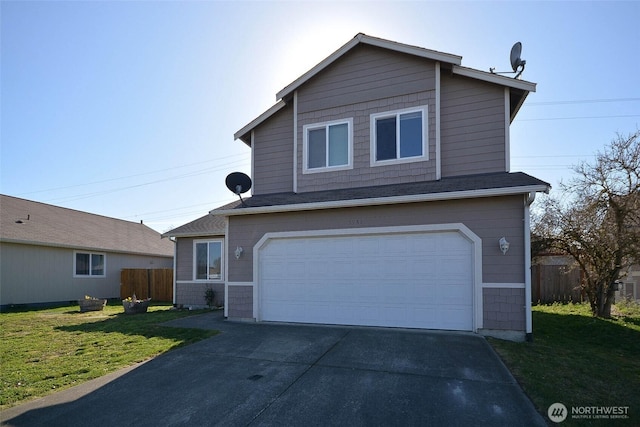 traditional home with driveway, a front yard, and fence