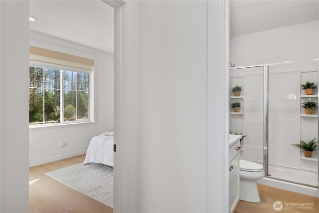 bathroom with toilet, a stall shower, wood finished floors, and vanity