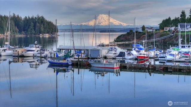 dock area featuring a water and mountain view