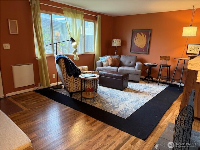 living area with radiator heating unit, baseboards, and wood finished floors