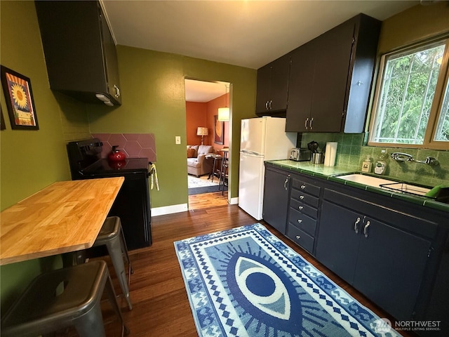 kitchen with dark wood finished floors, freestanding refrigerator, a sink, black / electric stove, and backsplash