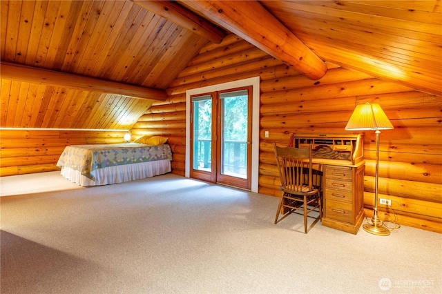 unfurnished bedroom with wood ceiling, vaulted ceiling with beams, access to exterior, log walls, and carpet flooring