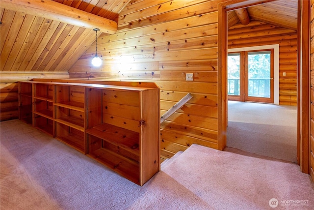 bonus room featuring carpet floors, vaulted ceiling with beams, wooden ceiling, and log walls