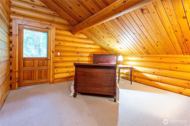 carpeted bedroom featuring wooden ceiling, vaulted ceiling with beams, and log walls