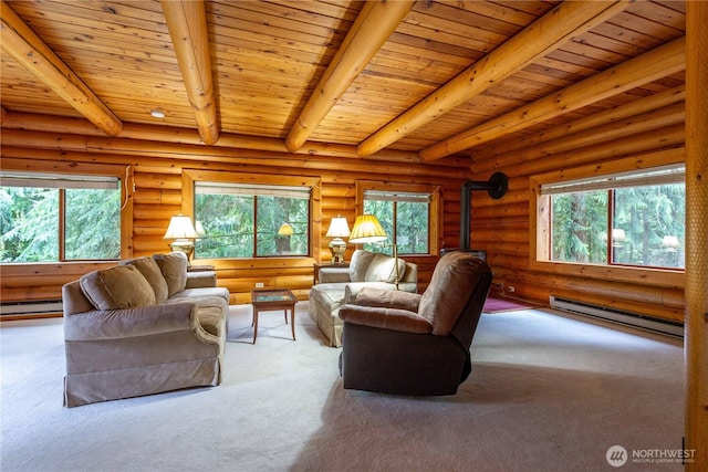 living area featuring a baseboard radiator, a wood stove, beamed ceiling, and carpet