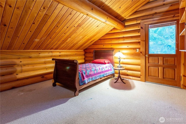 unfurnished bedroom with carpet floors, rustic walls, wooden ceiling, and lofted ceiling with beams